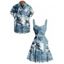 Vacation Couple Outfit Ombre Palm Tree Pattern Ruched Bust Belt Sweetheart Neck A Line Mini Dress and Button Up Shirt Beach Matching Outfit - Bleu clair S | US 4