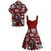 Gothic Couple Outfit Skulls Letter Goth Style Pattern Ruched Bust Sweetheart Neck A Line Mini Dress and Button Up Shirt Holiday Matching Outfit - Rouge foncé S | US 4