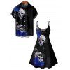 Gothic Couple Outfit Skulls Rose Floral Pattern Spaghetti Strap V Neck A Line Mini Tank Dress and Button Up Shirt Holiday Matching Outfit - Noir S | US 4
