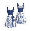 Vacation Couple Outfit Mermaid Dolphin Ship Ocean Elements Pattern Ruched Bust Belt Dress and Button Up Shirt Matching Outfit - Bleu S | US 4