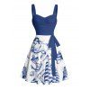 Vacation Couple Outfit Mermaid Dolphin Ship Ocean Elements Pattern Ruched Bust Belt Dress and Button Up Shirt Matching Outfit - Bleu S | US 4