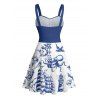 Vacation Couple Outfit Mermaid Dolphin Ship Ocean Elements Pattern Ruched Bust Belt Dress and Button Up Shirt Matching Outfit - Bleu S | US 4