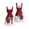 Vacation Couple Outfit Colorblock Butterfly Rose Flower Leaf Pattern Ruched Bust Belt Dress and Button Up Shirt Matching Outfit - Rouge foncé S | US 4