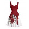 Vacation Couple Outfit Colorblock Butterfly Rose Flower Leaf Pattern Ruched Bust Belt Dress and Button Up Shirt Matching Outfit - Rouge foncé S | US 4