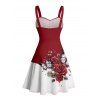 Vacation Couple Outfit Colorblock Butterfly Rose Flower Leaf Pattern Ruched Bust Belt Dress and Button Up Shirt Matching Outfit - Rouge foncé S | US 4