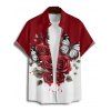 Vacation Couple Outfit Colorblock Butterfly Rose Flower Leaf Pattern Ruched Bust Belt Dress and Button Up Shirt Matching Outfit - Rouge foncé S | US 4