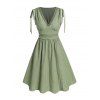 Vacation Women Outfit Solid Color Cinched Shoulder Lace Panel A Line Dress and Turquoise Beaded Earrings Embroidery Star Boots Set - Vert clair S | US 4