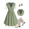 Vacation Women Outfit Solid Color Cinched Shoulder Lace Panel A Line Dress and Turquoise Beaded Earrings Embroidery Star Boots Set - Vert clair S | US 4