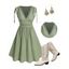 Vacation Women Outfit Solid Color Cinched Shoulder Lace Panel A Line Dress and Turquoise Beaded Earrings Embroidery Star Boots Set - Vert clair S | US 4