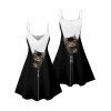 Robe de vacances à motif chat contrasté, bretelles spaghetti, col en V, coupe trapèze, mini-robe décontractée - Noir XXXXXL | US 20