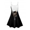 Robe de vacances à motif chat contrasté, bretelles spaghetti, col en V, coupe trapèze, mini-robe décontractée - Noir XXXXXL | US 20