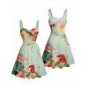 Robe de vacances à motif de feuilles de fleurs colorées, buste froncé, ceinture, col en cœur, robe trapèze mini décontractée - Vert clair XXXXXL | US 20
