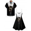 Vacation Couple Outfit Contrast Color Cat Pattern Spaghetti Strap V Neck A Line Mini Tank Dress and Button Up Shirt Casual Matching Outfit - Noir S | US 4