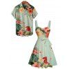 Vacation Couple Outfit Colored Flower Leaf Pattern Ruched Bust Belt Sweetheart Neck A Line Mini Dress and Button Up Shirt Matching Outfit - Vert clair S | US 4