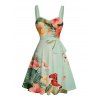 Vacation Couple Outfit Colored Flower Leaf Pattern Ruched Bust Belt Sweetheart Neck A Line Mini Dress and Button Up Shirt Matching Outfit - Vert clair S | US 4