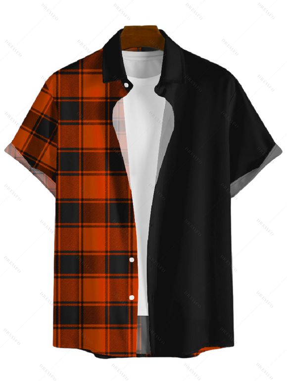Chemise homme à manches retroussables et imprimé chauve-souris et coucher de soleil, boutonnée, manches courtes, décontractée - Orange 5XL