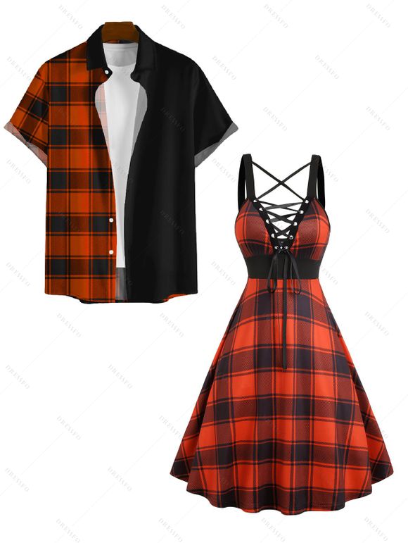 Contrast Plaid Print Lace Up Sleeveless Cami Dress and Roll Up Sleeve Shirt Outfit - Orange S | US 4