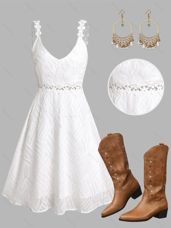 Vacation Women Outfit Solid Color Flower Lace Jacquard Panel Dress Waterdrop Tassel Earrings Embroidered Star Printed Boots Set - Blanc S | US 4