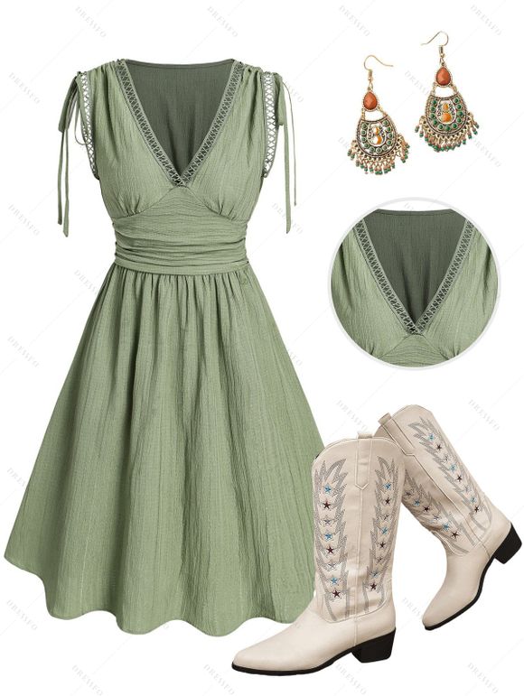 Vacation Women Outfit Solid Color Cinched Shoulder Lace Panel A Line Dress and Turquoise Beaded Earrings Embroidery Star Boots Set - Vert clair S | US 4