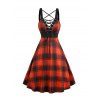 Contrast Plaid Print Lace Up Sleeveless Cami Dress and Roll Up Sleeve Shirt Outfit - Orange S | US 4