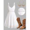 Vacation Women Outfit Solid Color Flower Lace Jacquard Panel Dress Waterdrop Tassel Earrings Embroidered Star Printed Boots Set - Blanc S | US 4