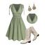 Vacation Women Outfit Solid Color Cinched Shoulder Lace Panel A Line Dress and Turquoise Beaded Earrings Embroidery Star Boots Set - Vert clair S | US 4