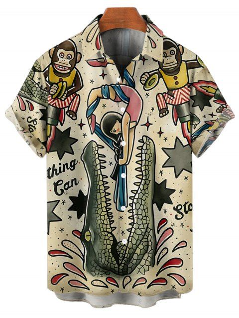 Chemise vintage à manches courtes et boutons pour homme, motif singe de dessin animé avec jupe rayée, imprimé crocodile, étoiles et lettres