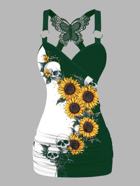 Monochrome Sunflower Skulls Pattern Butterfly Lace Gothic Tank Top Contrast Color Surplice O Ring Holiday Top