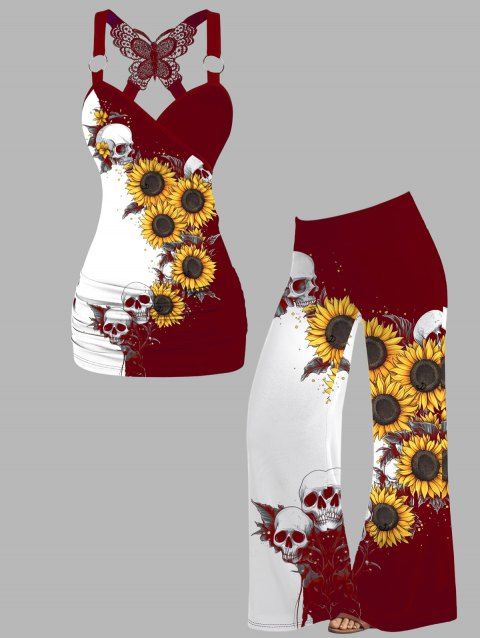 Gothic Women Outfit Monochrome Sunflower Skulls Pattern Butterfly Lace Tank Top and Wide Leg Pants Holiday Two Piece Set