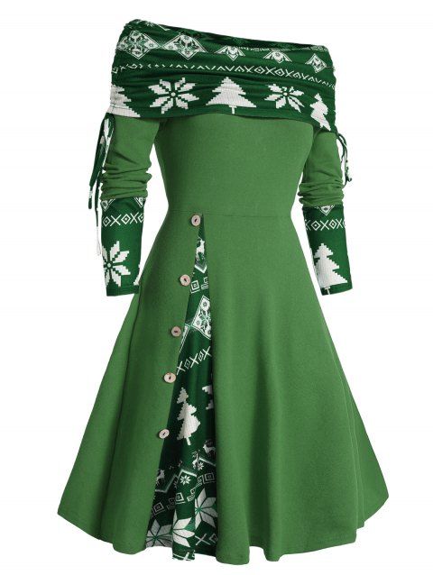 Robe colorblock, robe de Noël, imprimé sapin et flocon de neige, mini-robe trapèze cintrée à manches longues et godets