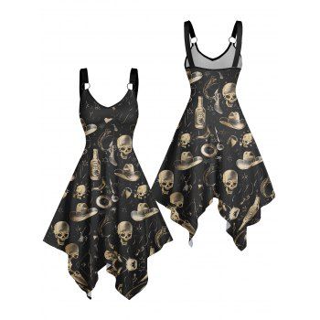 Skulls Glass Western Style Cowboy Hat Print Gothic Dress Asymmetrical Hem O Ring Strap V Neck Midi Vacation Dress