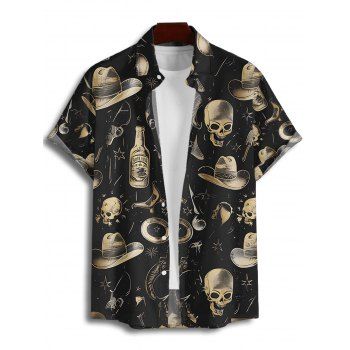 Gothic Couple Outfit Skulls Glass Western Style Cowboy Hat Print Asymmetrical Hem Dress and Button Up Shirt Vacation Matching Outfit