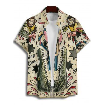 Men's Cartoon Monkey with Striped Skirt Crocodile Star Letter Print Vintage Shirt Button Up Roll Up Short Sleeve Vacation Shirt