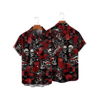 Men's Allover Skulls Rose Dice Letter Pattern Gothic Shirt Button Up Roll Up Short Sleeve Holiday Shirt