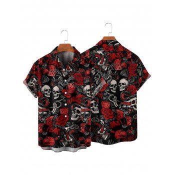 Gothic Couple Outfit Allover Skulls Rose Dice Letter Pattern Spaghetti Strap V Neck A Line Mini Tank Dress and Button Up Shirt Holiday Matching Outfit