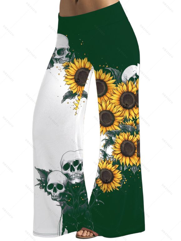 Pantalon gothique monochrome à motif de crânes de tournesol, pantalon élastique taille haute pour les vacances, pantalon large - Vert profond XXL | US 14