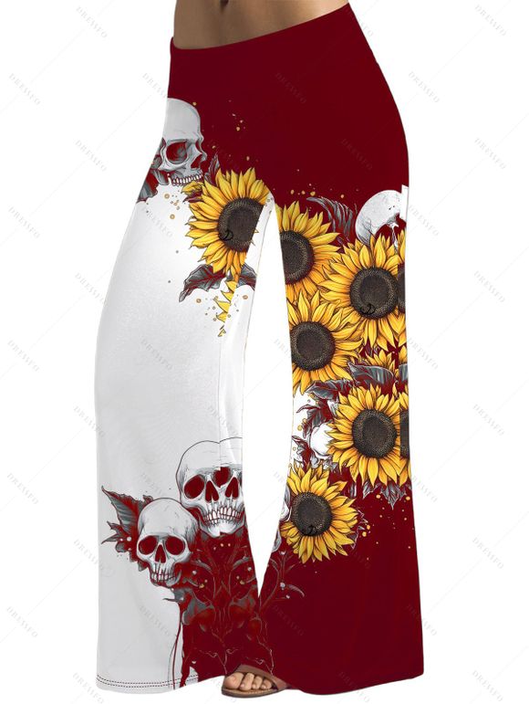 Pantalon gothique monochrome à motif de crânes de tournesol, pantalon élastique taille haute pour les vacances, pantalon large - Rouge foncé XXL | US 14
