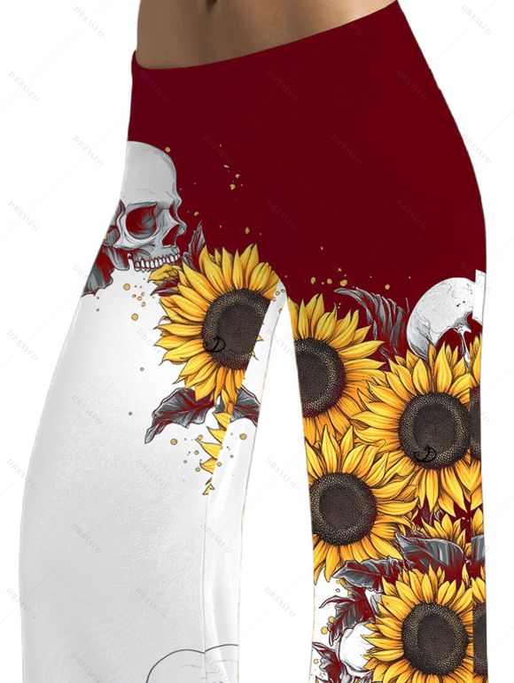 Pantalon gothique monochrome à motif de crânes de tournesol, pantalon élastique taille haute pour les vacances, pantalon large - Rouge foncé XL | US 12