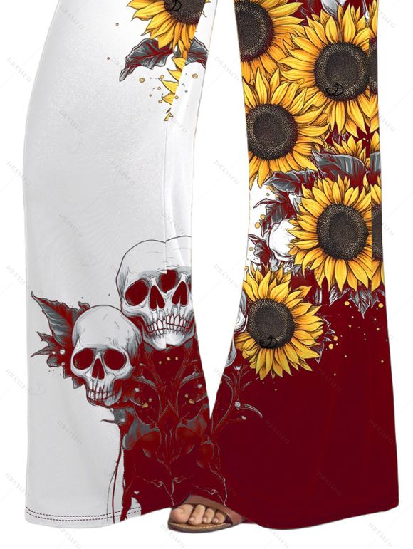 Pantalon gothique monochrome à motif de crânes de tournesol, pantalon élastique taille haute pour les vacances, pantalon large - Rouge foncé XL | US 12