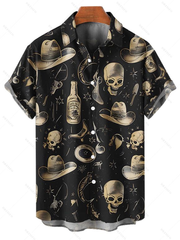 Chemise gothique à manches courtes et boutons pour homme, style western, avec imprimé chapeau de cowboy et tête de mort en verre - Noir 5XL