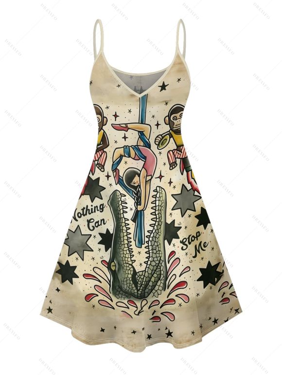 Robe vintage à imprimé crocodile et étoiles avec jupe rayée et imprimé lettres, style singe de dessin animé, bretelles spaghetti, col en V, coupe trapèze, mini-robe de vacances - multicolor XXXXXL | US 20