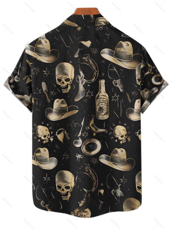 Chemise gothique à manches courtes et boutons pour homme, style western, avec imprimé chapeau de cowboy et tête de mort en verre - Noir M