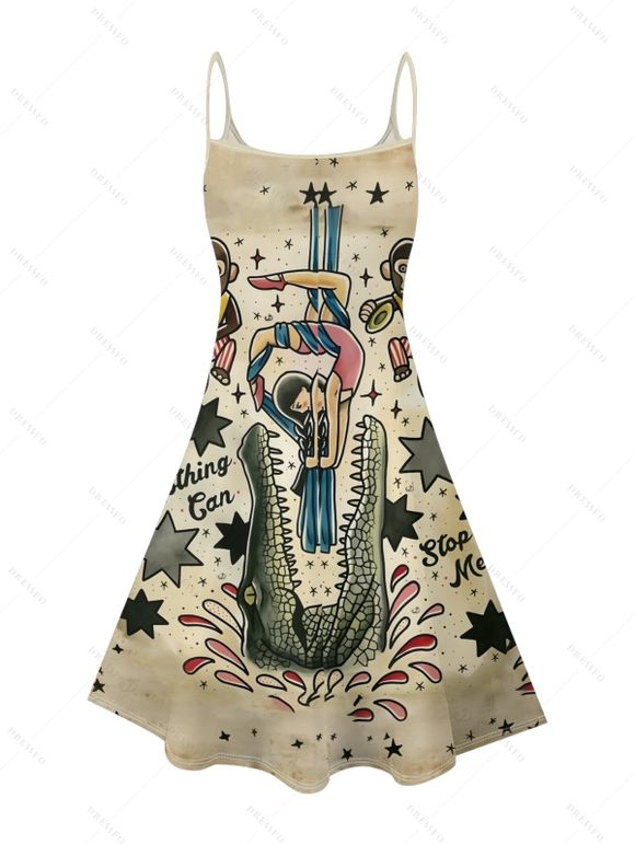 Robe vintage à imprimé crocodile et étoiles avec jupe rayée et imprimé lettres, style singe de dessin animé, bretelles spaghetti, col en V, coupe trapèze, mini-robe de vacances - multicolor XXXL | US 16