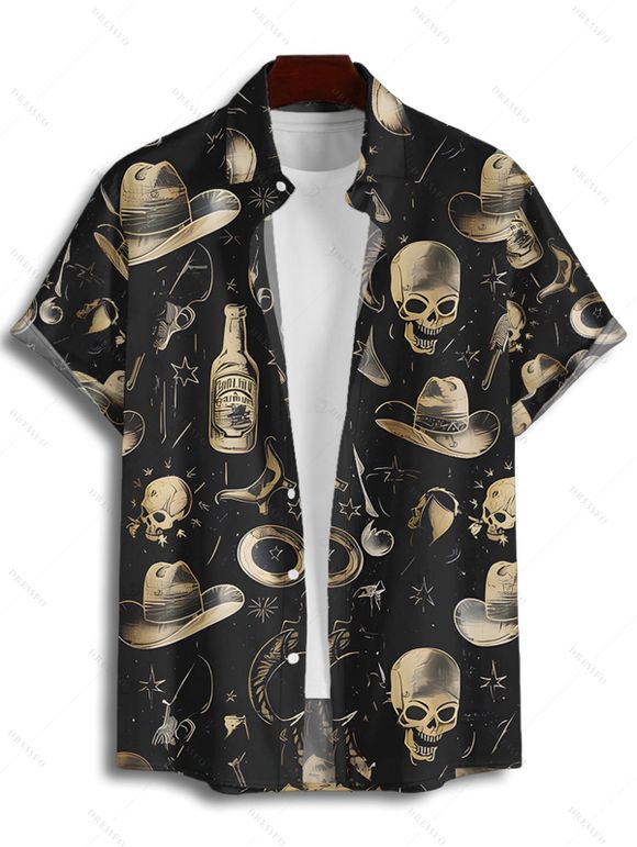 Chemise gothique à manches courtes et boutons pour homme, style western, avec imprimé chapeau de cowboy et tête de mort en verre - Noir M