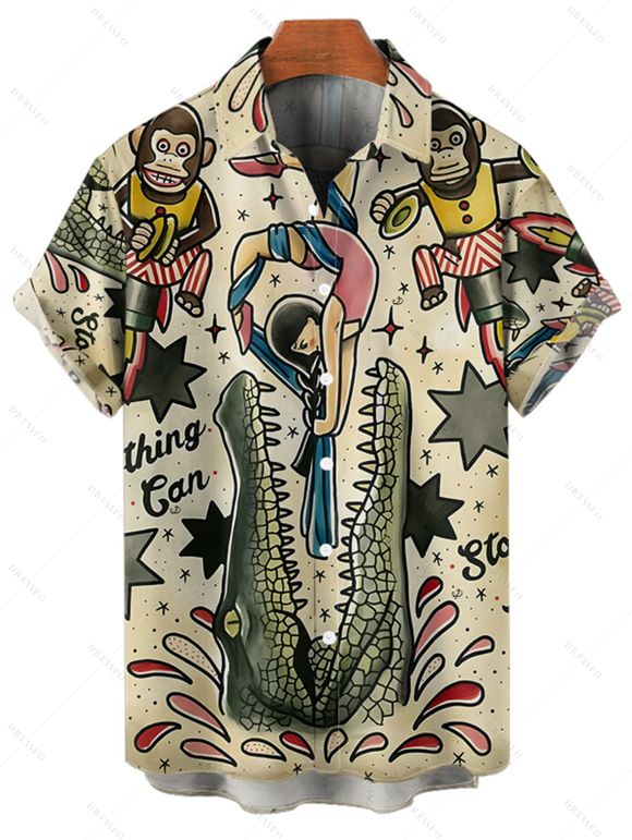 Chemise vintage à manches courtes et boutons pour homme, motif singe de dessin animé avec jupe rayée, imprimé crocodile, étoiles et lettres - multicolor 5XL