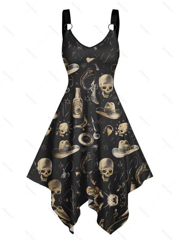 Robe gothique à imprimé tête de mort et chapeau de cowboy de style western, ourlet asymétrique, bretelles à anneau en O, col en V, robe de vacances mi-longue - Noir XXXXXL | US 20