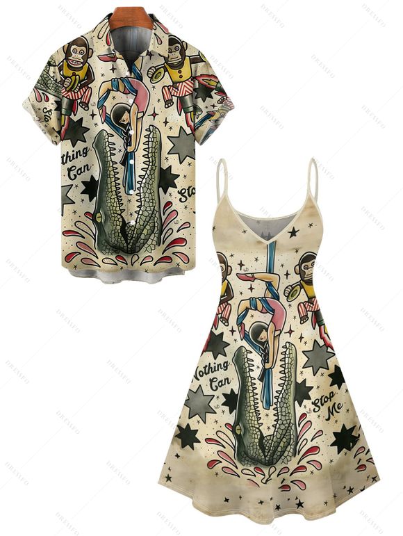 Vacation Couple Outfit Cartoon Monkey with Striped Skirt Crocodile Star Letter Print Spaghetti Strap Tank Dress and Button Up Shirt Vintage Matching Outfit - multicolor S | US 4