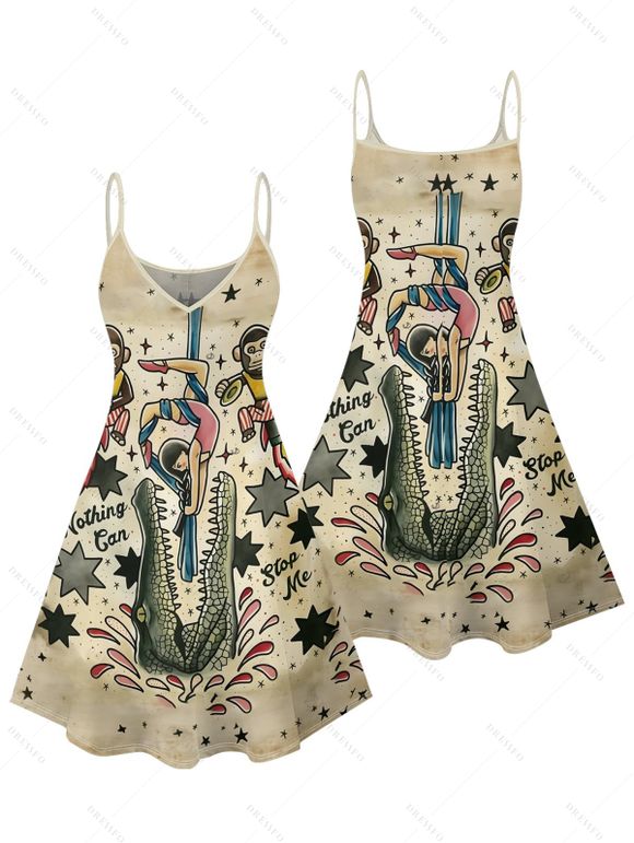 Vacation Couple Outfit Cartoon Monkey with Striped Skirt Crocodile Star Letter Print Spaghetti Strap Tank Dress and Button Up Shirt Vintage Matching Outfit - multicolor S | US 4