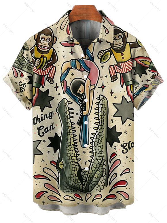 Vacation Couple Outfit Cartoon Monkey with Striped Skirt Crocodile Star Letter Print Spaghetti Strap Tank Dress and Button Up Shirt Vintage Matching Outfit - multicolor S | US 4