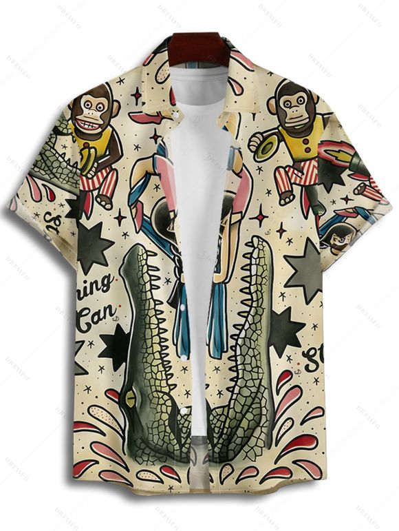 Vacation Couple Outfit Cartoon Monkey with Striped Skirt Crocodile Star Letter Print Spaghetti Strap Tank Dress and Button Up Shirt Vintage Matching Outfit - multicolor S | US 4